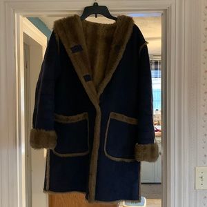 Dennis Basso navy blue faux fur lined coat size XS in good condition